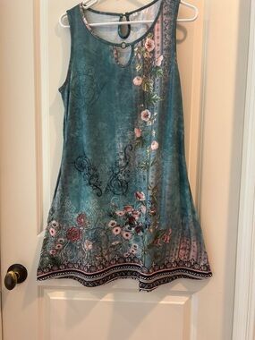 Unbranded Teal Floral Sleeveless Tunic pullover Dress pockets keyhole size L